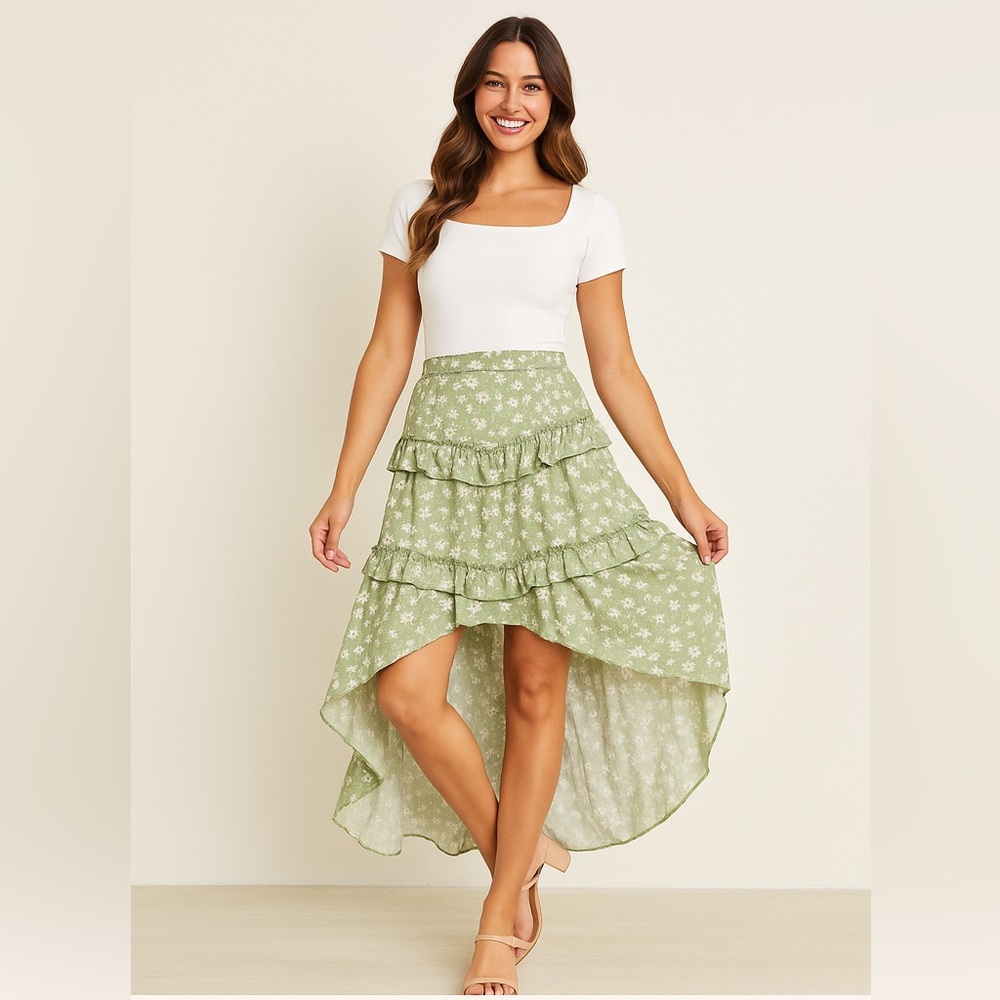Celebrity Pink Green Floral Hi-Low Ruffle Skirt – Size L